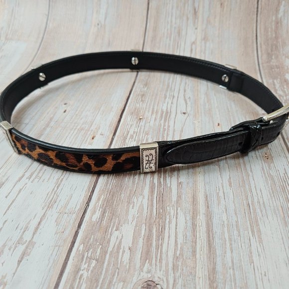 Vintage Brighton multi fur trimmed black leather belt, size S‎ 28 - Picture 1 of 6